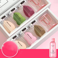Makeup sponge beauty blender set featuring various colors and shapes in elegant packaging for flawless application.