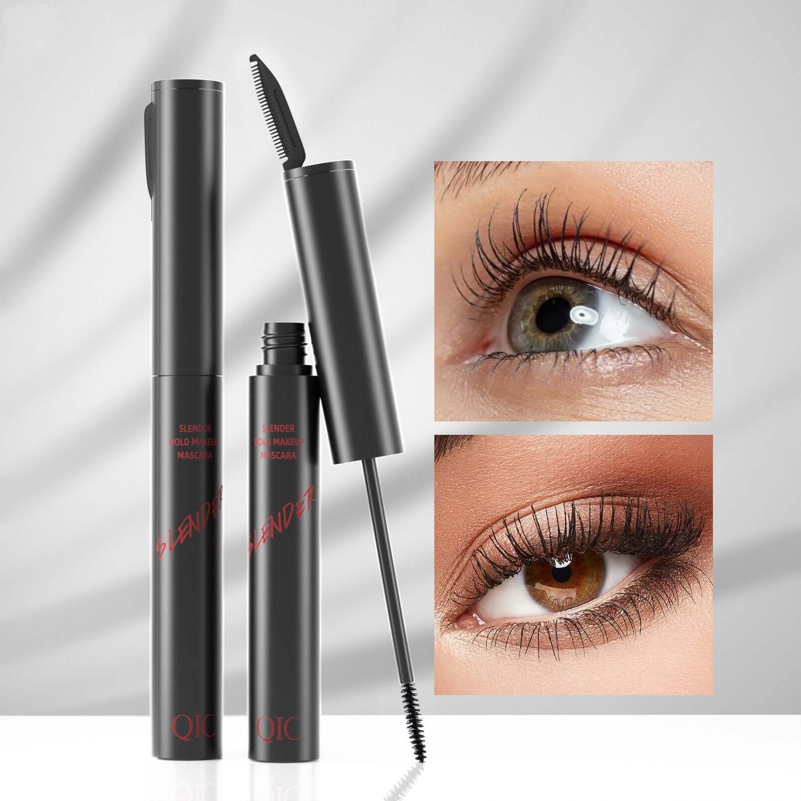 Waterproof lengthening mascara with applicator, featuring long and thick lashes in a close-up eye image.