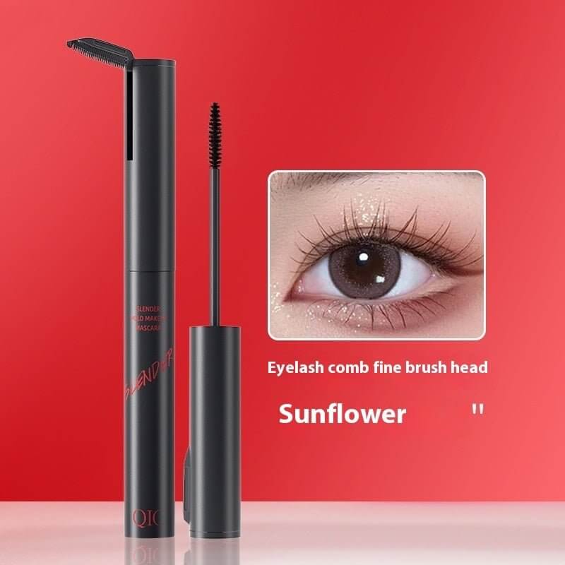 Waterproof lengthening mascara with eyelash comb fine brush head in black, ideal for long, thick, and curly lashes.