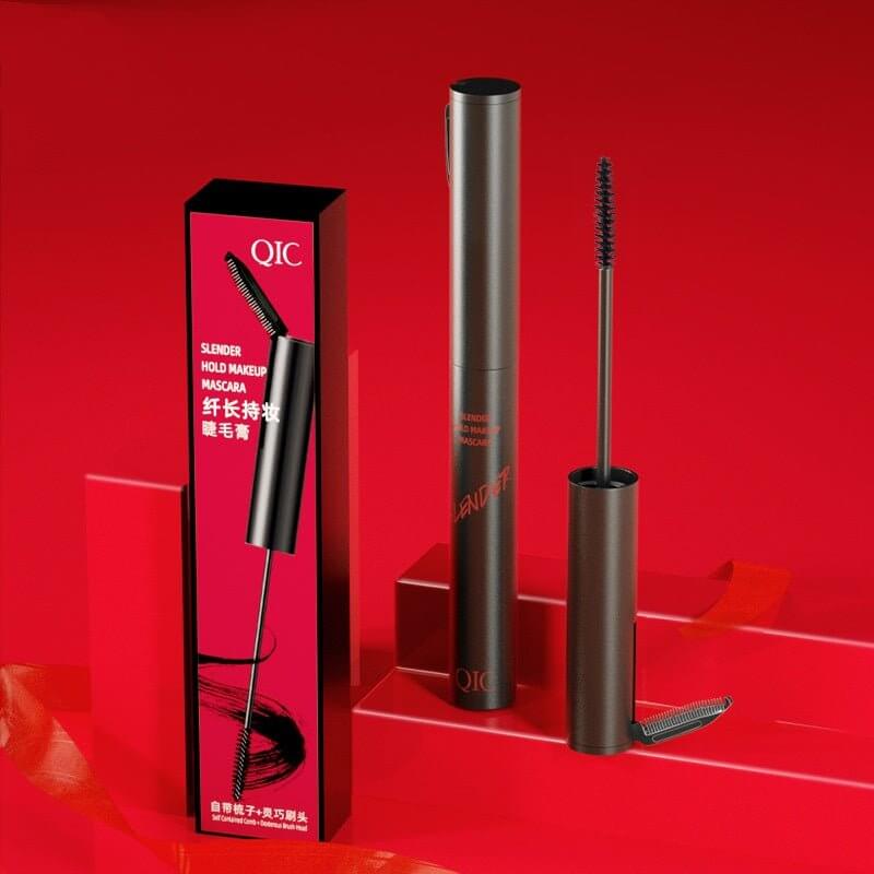 Waterproof lengthening mascara product image featuring cylinder tube and applicator on red background.