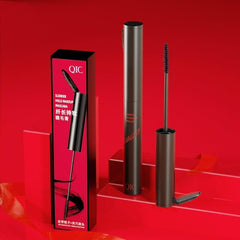 Waterproof lengthening mascara product image featuring cylinder tube and applicator on red background.