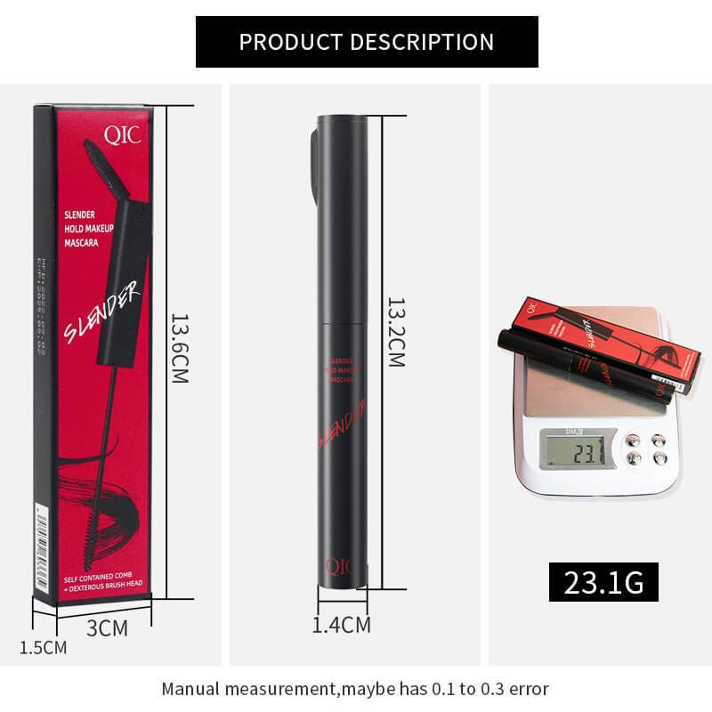 Waterproof lengthening mascara product image with dimensions, packaging, and weight information.