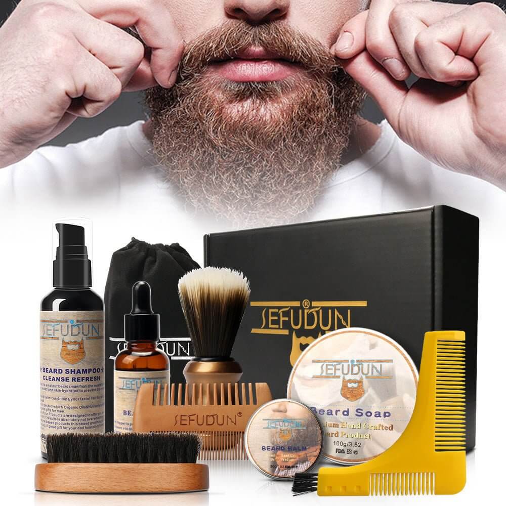 Mens Beard Grooming Kit - Complete 9-Piece Care Set featuring beard products and grooming tools.