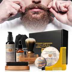 Mens Beard Grooming Kit - Complete 9-Piece Care Set featuring beard products and grooming tools.