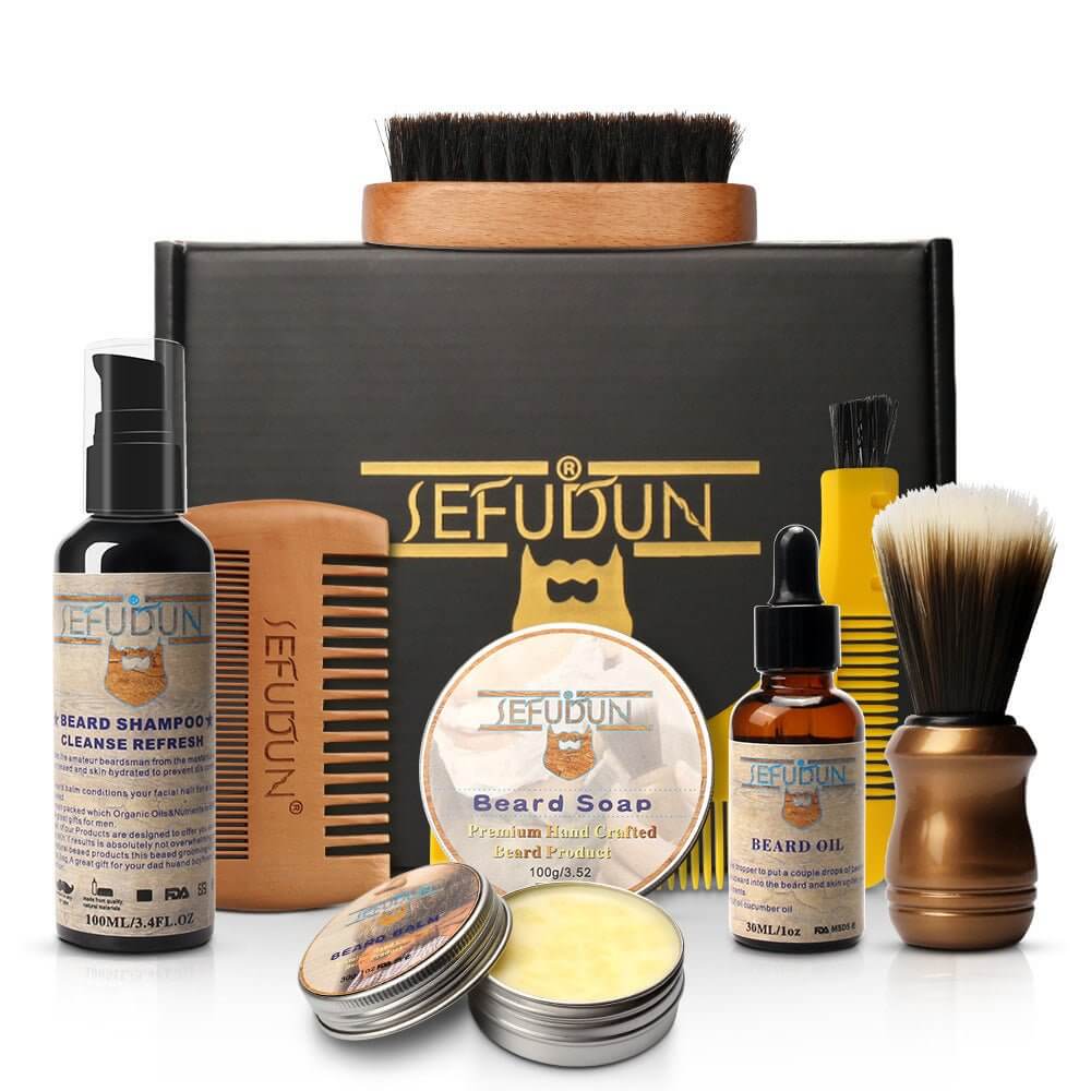 Mens Beard Grooming Kit - Complete 9-Piece Care Set featuring beard shampoo, oil, soap, and grooming tools.