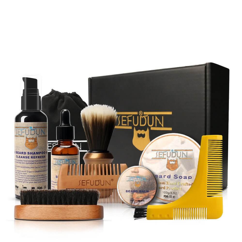 Mens Beard Grooming Kit - Complete 9-Piece Care Set including shampoo, soap, combs, and brush.