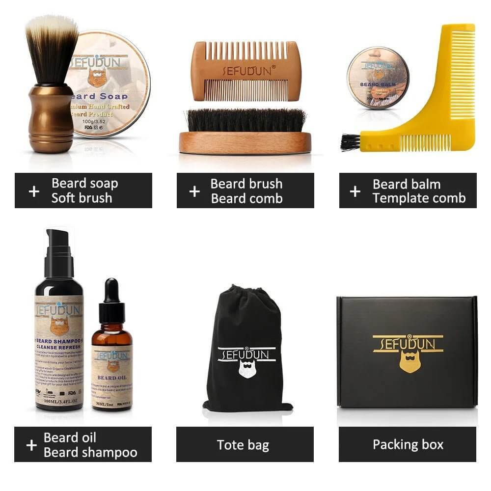 Mens Beard Grooming Kit - Complete 9-Piece Care Set with beard soap, oil, shampoo, brushes, and packaging.