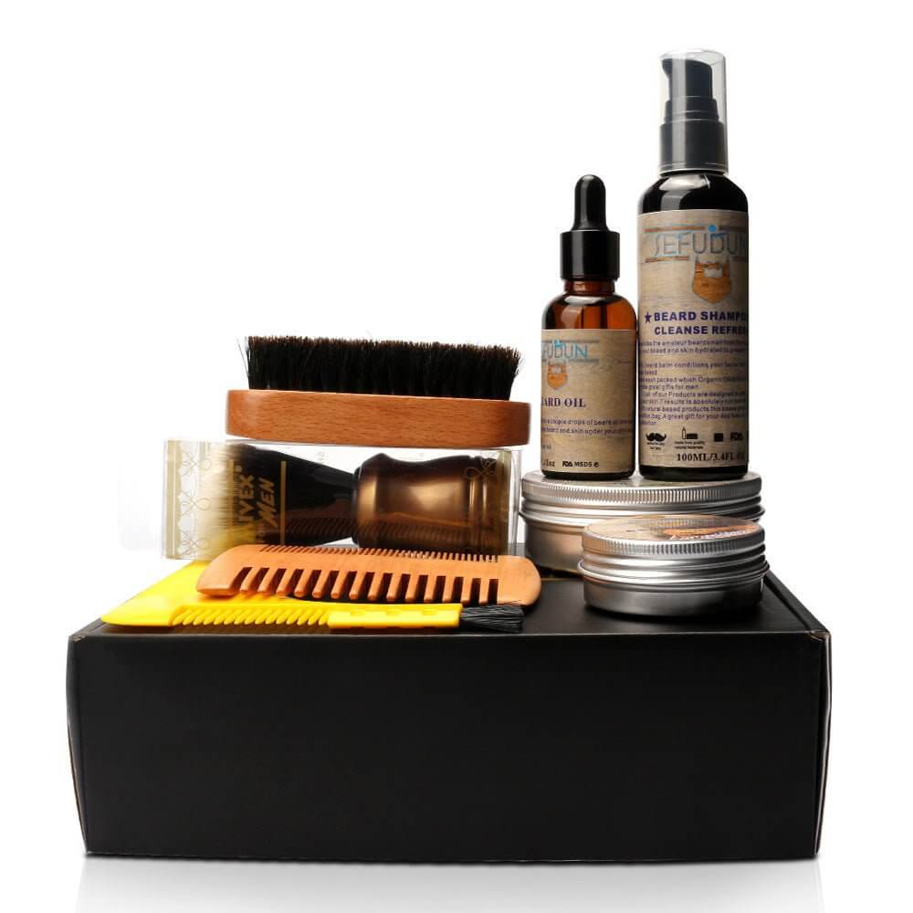 Mens Beard Grooming Kit - Complete 9-Piece Care Set with brushes, combs, shampoo, and oil in packaging.