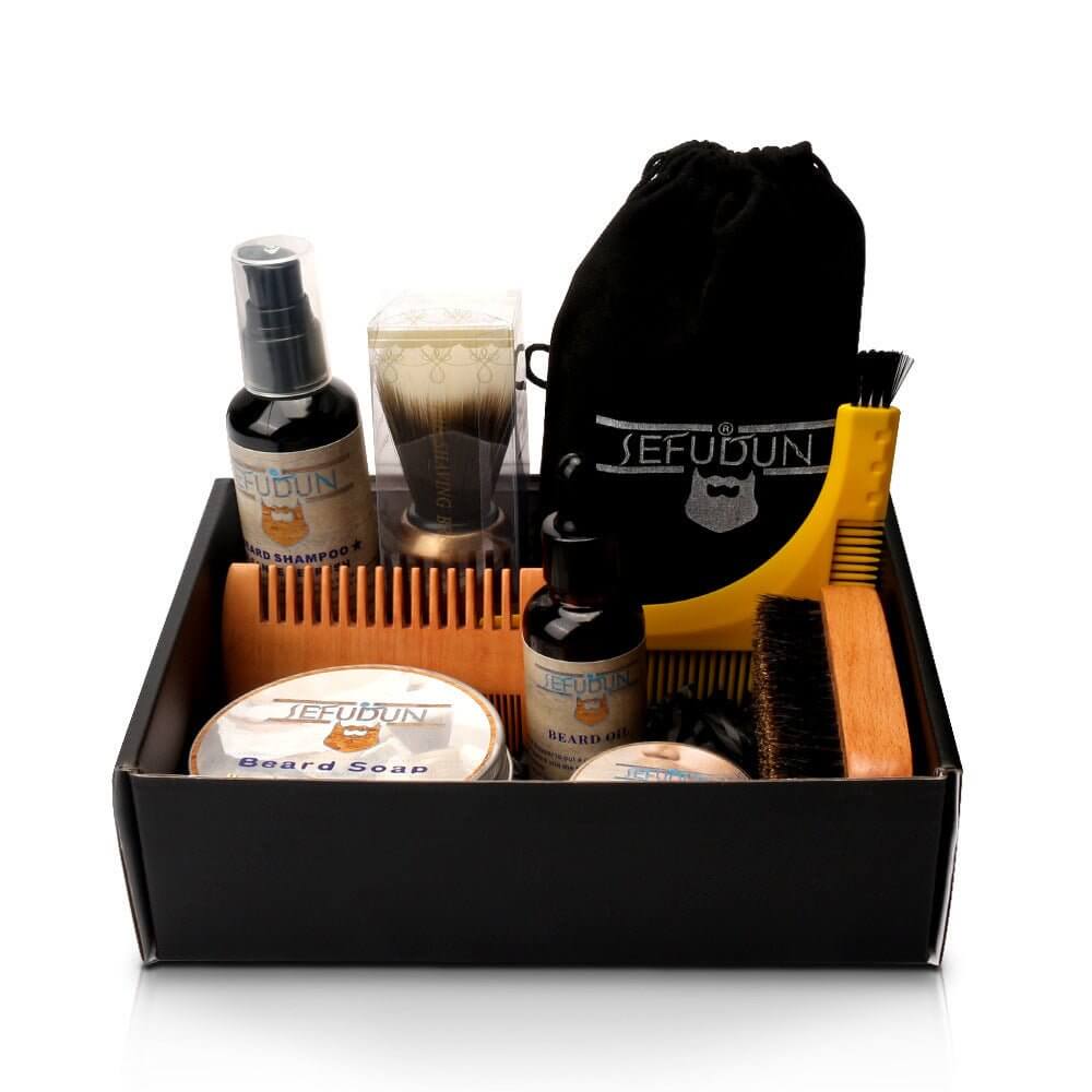 Mens Beard Grooming Kit - Complete 9-Piece Care Set with soap, shampoo, combs, and brush.