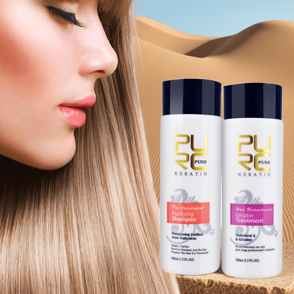 keratin hair straightening shampoo and purifying treatment for smooth, glossy hair on a model's profile