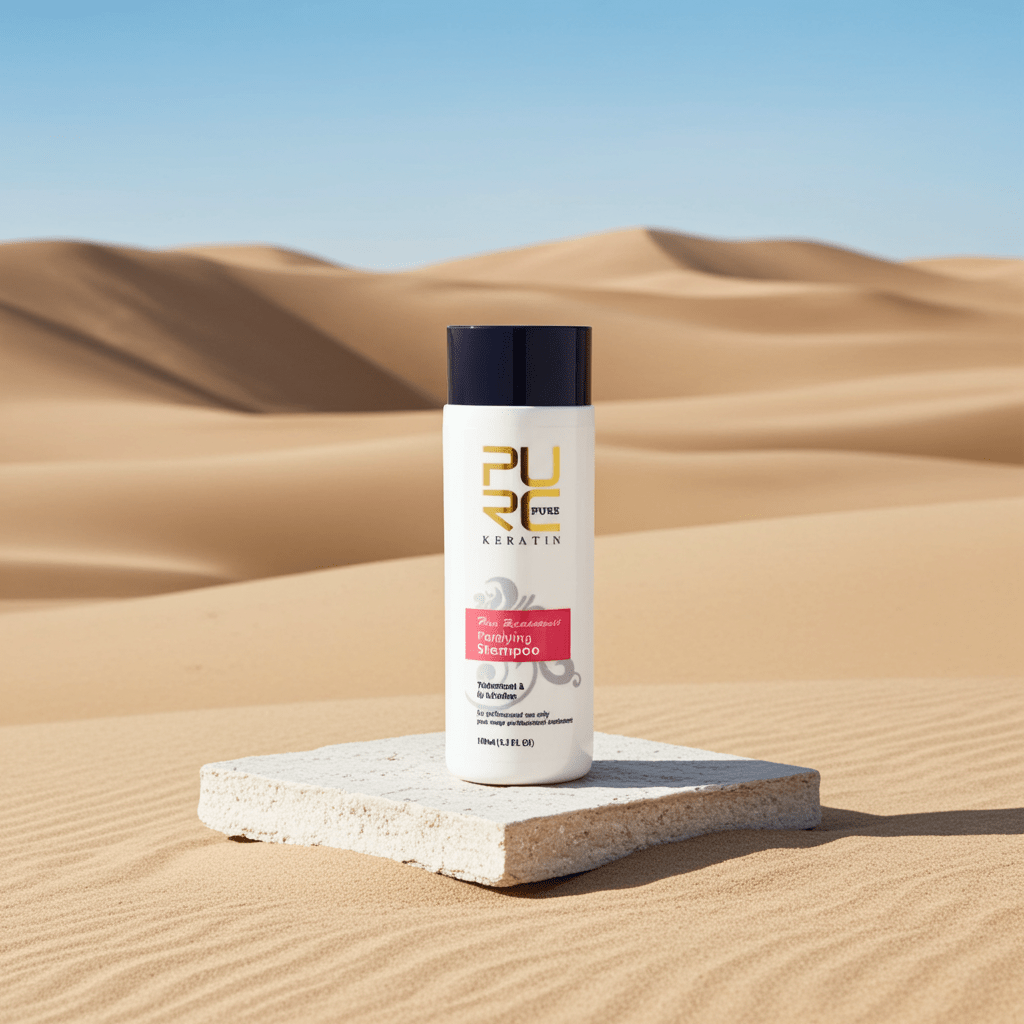 keratin hair straightening shampoo displayed on a stone in a desert landscape, promoting smooth hair results