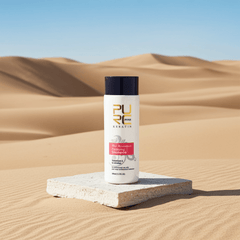 keratin hair straightening shampoo displayed on a stone in a desert landscape, promoting smooth hair results