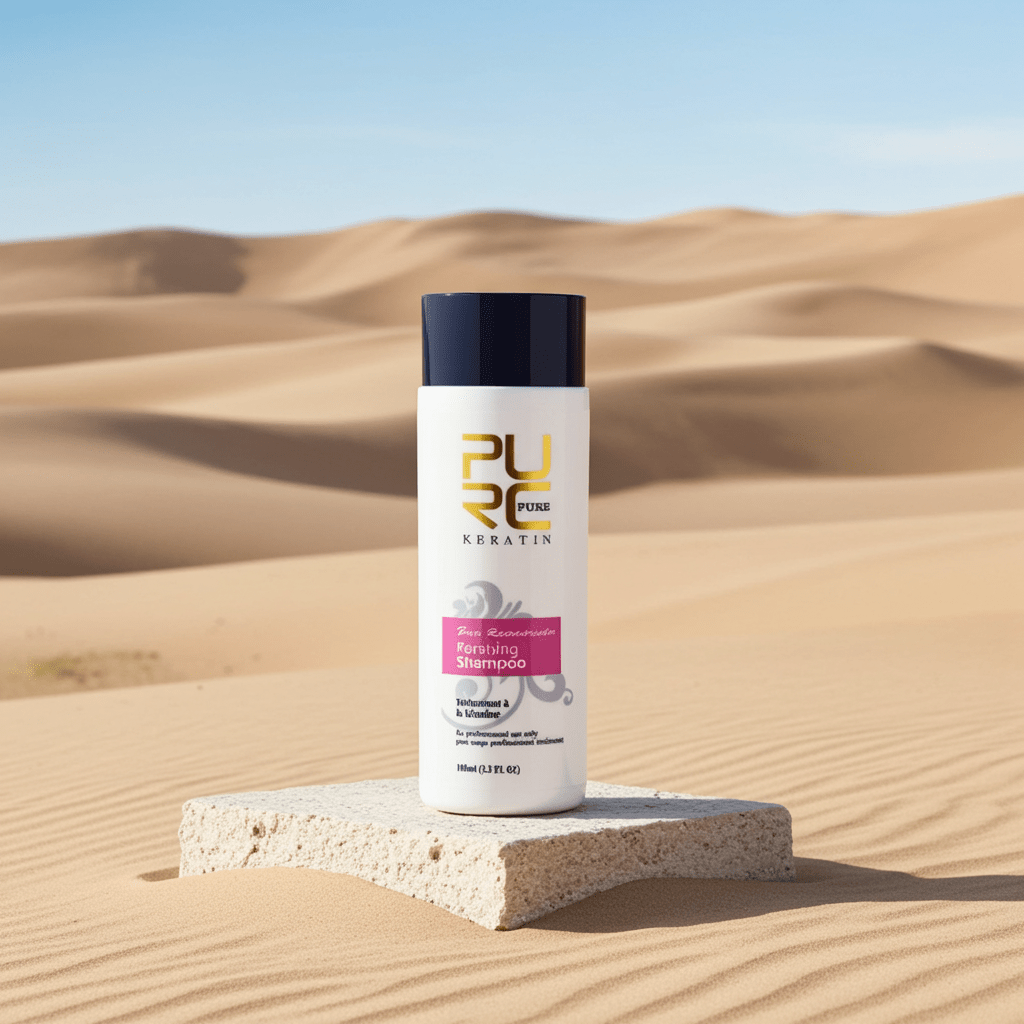 PURC keratin hair straightening shampoo bottle on a sandy desert backdrop, designed for smooth results.