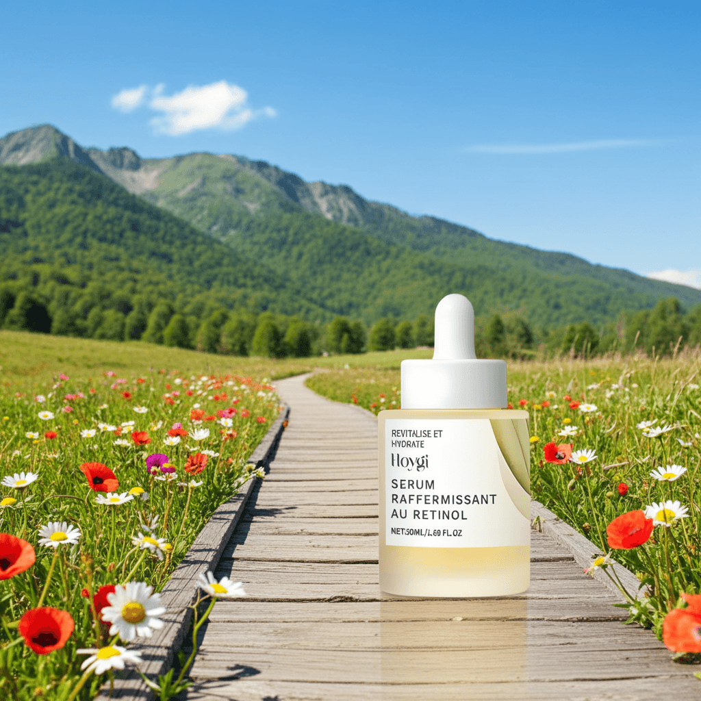 Sérum rétinol sur un chemin de campagne entouré de fleurs colorées et de montagnes, mettant en avant ses propriétés raffermissantes.