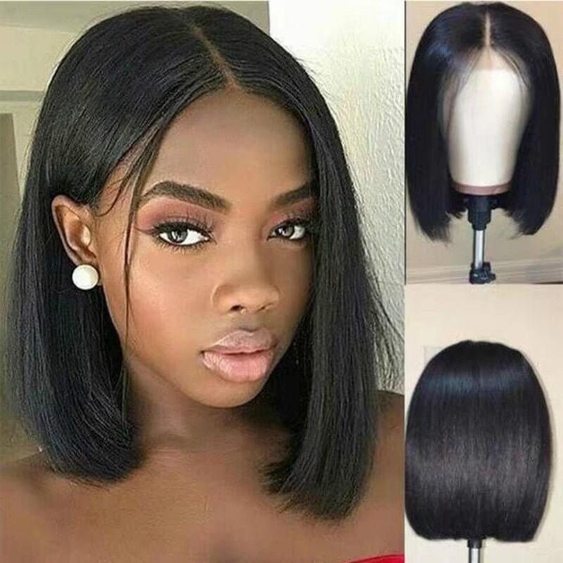 Remy Brazilian short bob wig displayed on model and mannequin, showcasing a sleek, natural look.