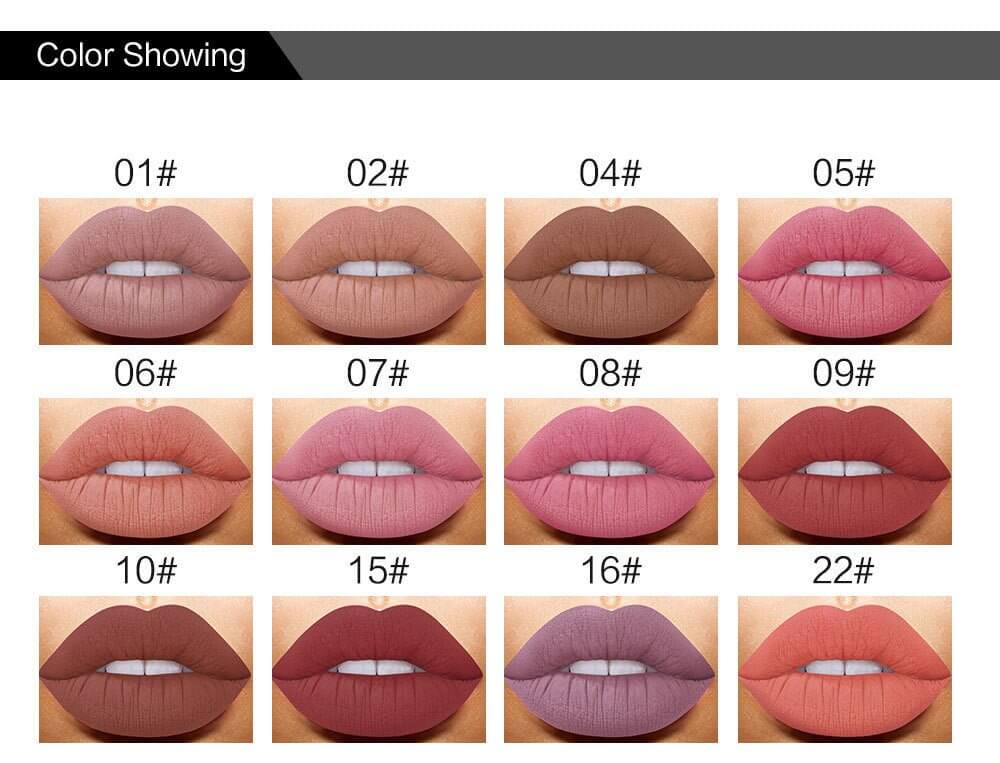Color swatches of the 12-color lip gloss set showcasing vibrant lip shades for every occasion.