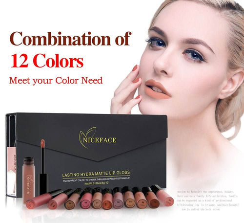 12-color lip gloss set featuring a variety of shades, perfect for every skin tone and occasion.