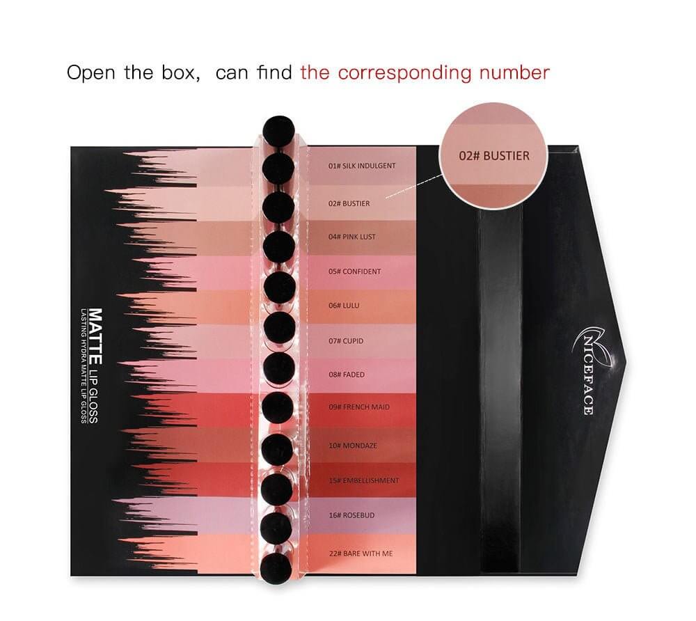 12-color lip gloss set swatches showing vibrant shades and corresponding numbers for easy selection.