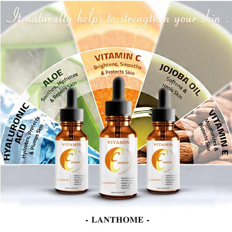 Vitamin C Hyaluronic Serum bottles with ingredients like Aloe and Jojoba Oil for skin strengthening.